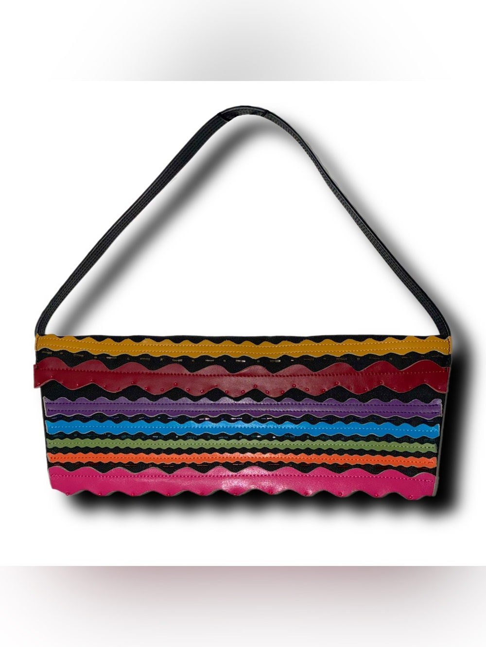 Rare Y2K Michael Simon New York Tooled Leather & Canvas Beaded Rainbow Purse
